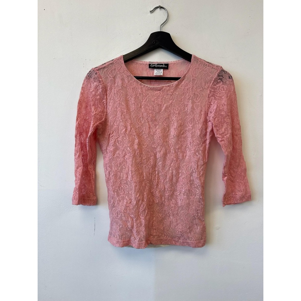 Vintage Girlfriends LA Shirt Womens Medium Pink Lace 3/4 Sleeve Top Stretch Y2K